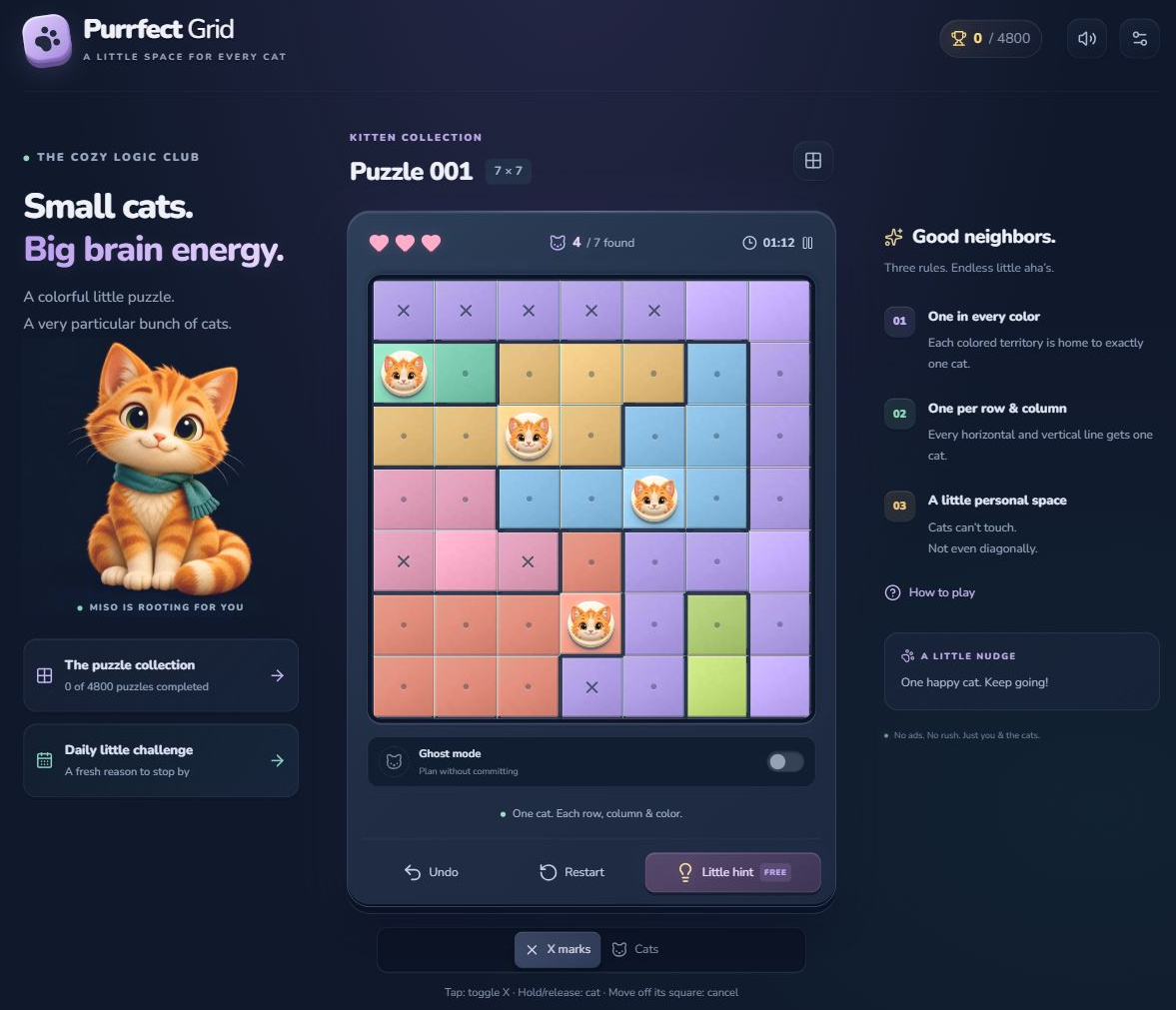 Purrfect Grid cat-placement logic puzzle
